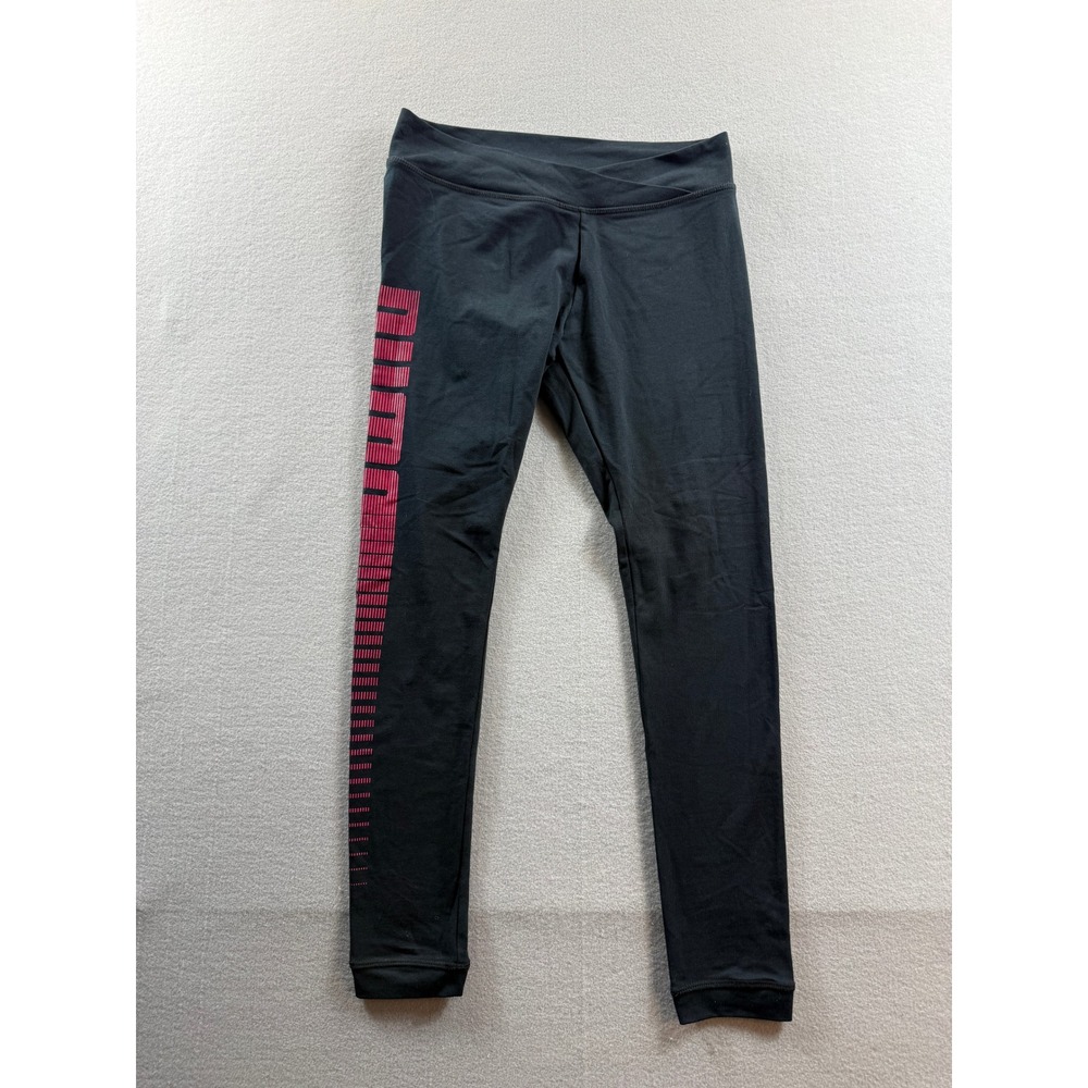 Puma Leggings Womens Medium Black Pink Graphic Logo Crossover Waistband 29x28